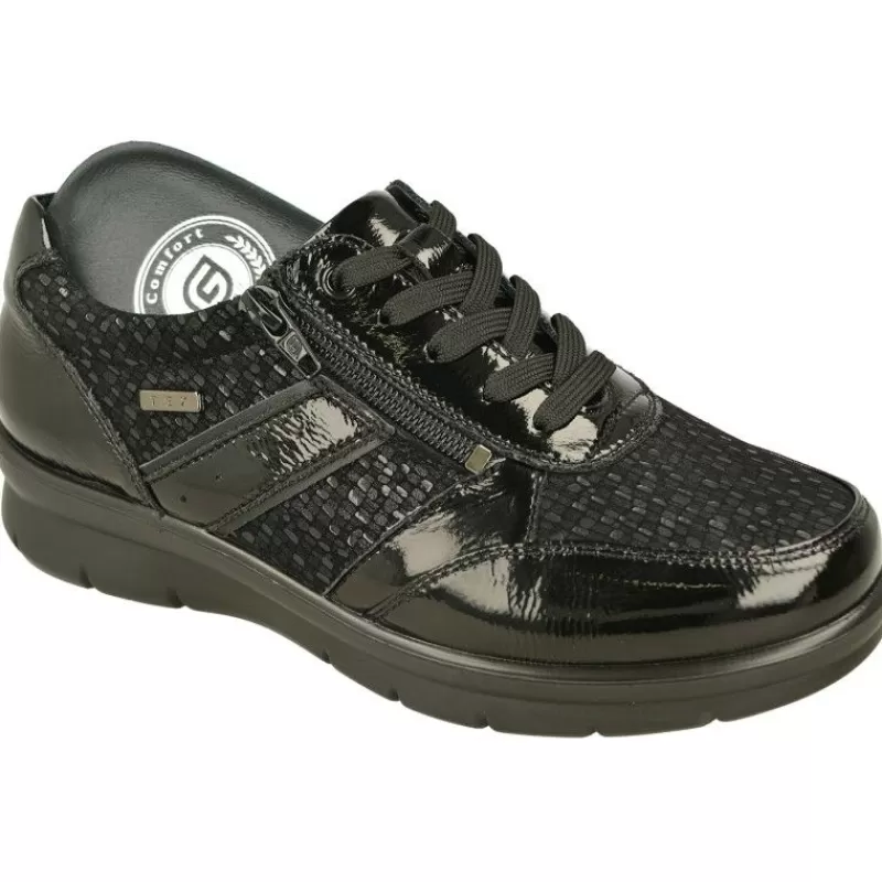 G Comfort Zapatos Ancho Especial-Cordon De G-Comfort En Piel Combinada Charol Metal De Horma Ancho 14 Piso De Cuna Ancha Y Planta De Descanso Extraible Negro