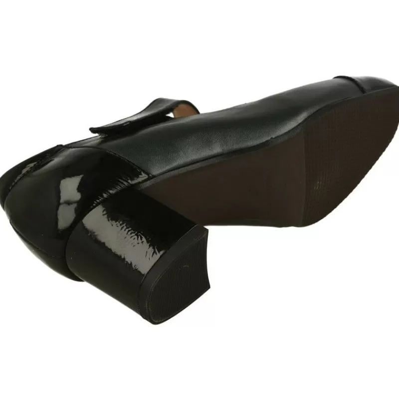 RIKO Zapatos Con Pulsera-Pulsera De Rico Con Ajuste De Velcro En Piel Combiada Metal Charol, Planta Extraible Y Tacon De Base Ancha Negro