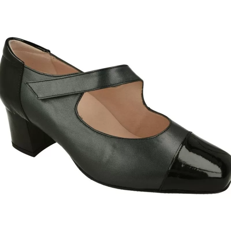 RIKO Zapatos Con Pulsera-Pulsera De Rico Con Ajuste De Velcro En Piel Combiada Metal Charol, Planta Extraible Y Tacon De Base Ancha Negro