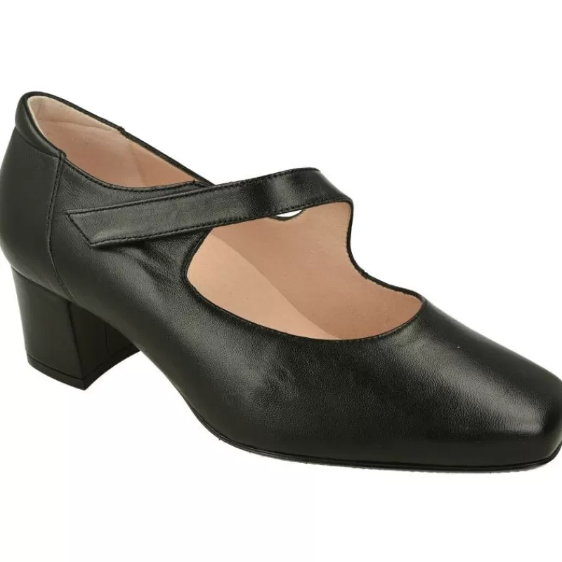 RIKO Zapatos Con Pulsera-Pulsera De Rico Con Tira De Velcro Ajustable En Piel Lisa Con Planta Anatomica Extraible Y Tacon De Base Ancha Negro