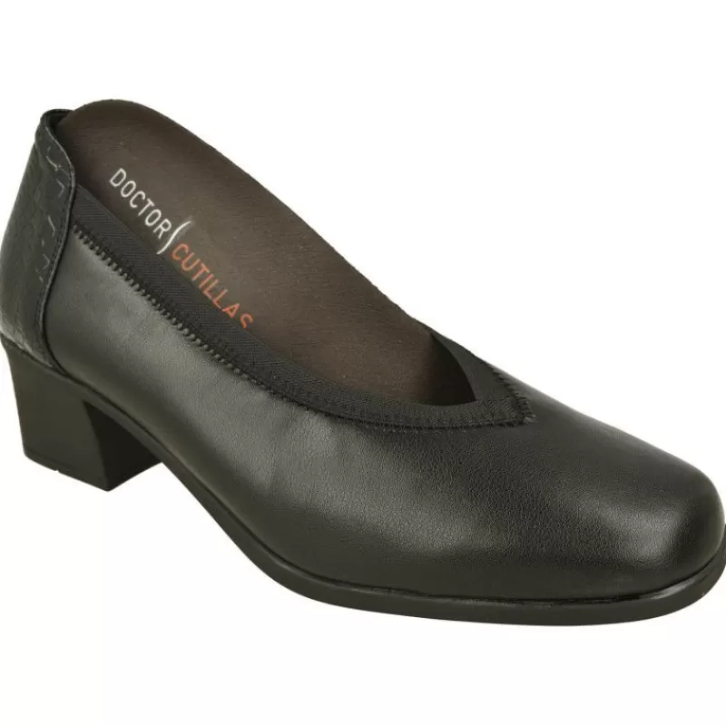 Doctor Cutillas Zapatos Salón-Salón De En Pala Lisa Con Hueco Pico Y Elastico. Planta Extraible Y Tacon De Base Ancha Negro