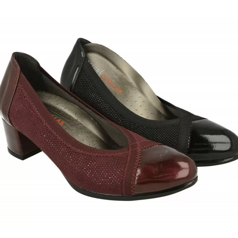 Doctor Cutillas Zapatos Salón-Salón De Tacon Del En Piel Grabada Combinada Charol, Escote Pico Y Hueco Elastico. Tacon De Base Ancha