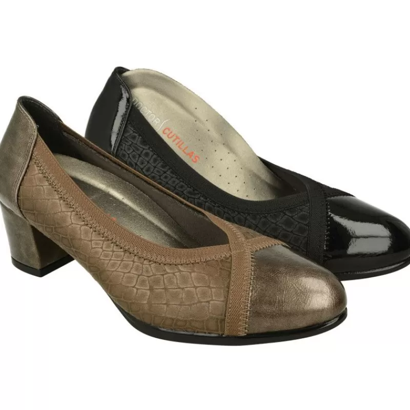 Doctor Cutillas Zapatos Salón-Salón Del Combinado En Piel Grabado Y Charol Con Puntera Recta Y Tacon De 4,5Cm, Plantilla Movible.