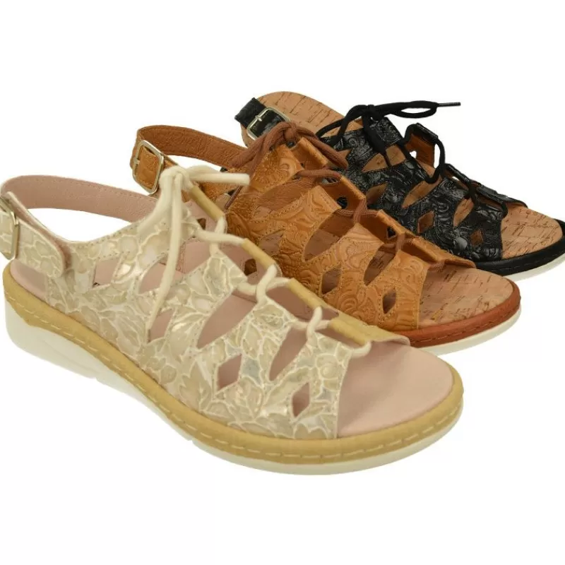 Comfort Class Sandalias-Sandalia De Acordonada Extra Ancha En Piel Grabada, Piso De Poliuretano Y Planta Anatomica Extraible