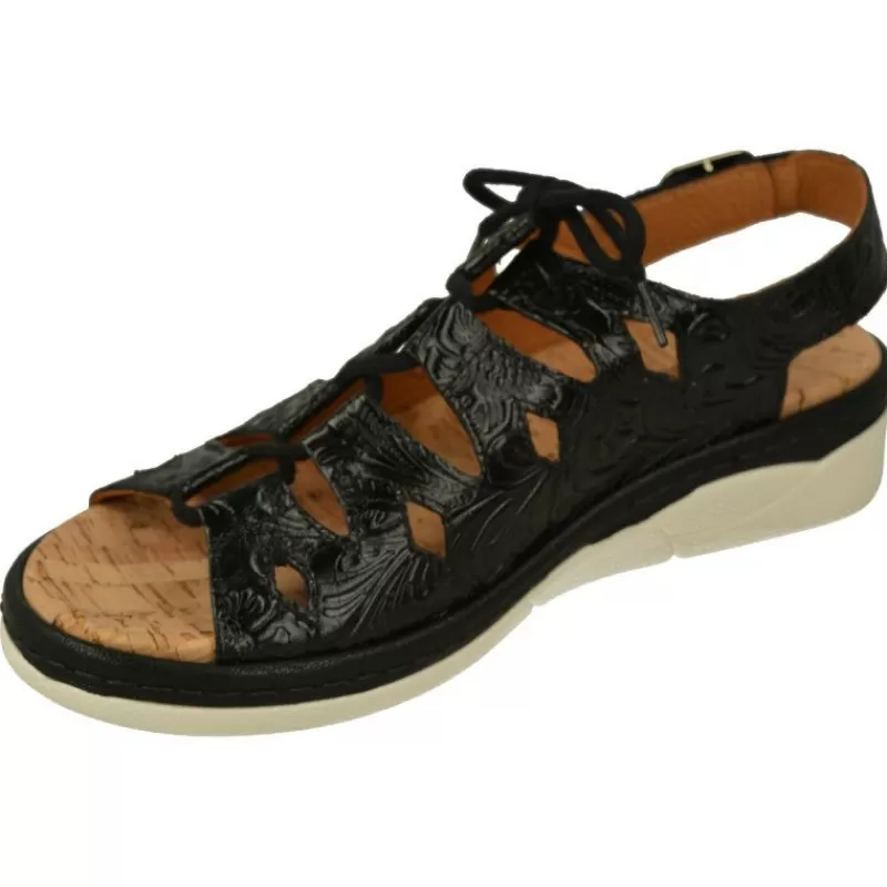 Comfort Class Sandalias-Sandalia De Acordonada Extra Ancha En Piel Grabada, Piso De Poliuretano Y Planta Anatomica Extraible