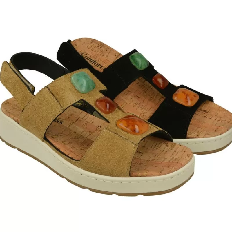 Comfort Class Sandalias-Sandalia De Con Elasticos Y Piedras En Pala, Piel Serraje Y Planta Antomica Extraible Con Piso De Cuna Corrida De