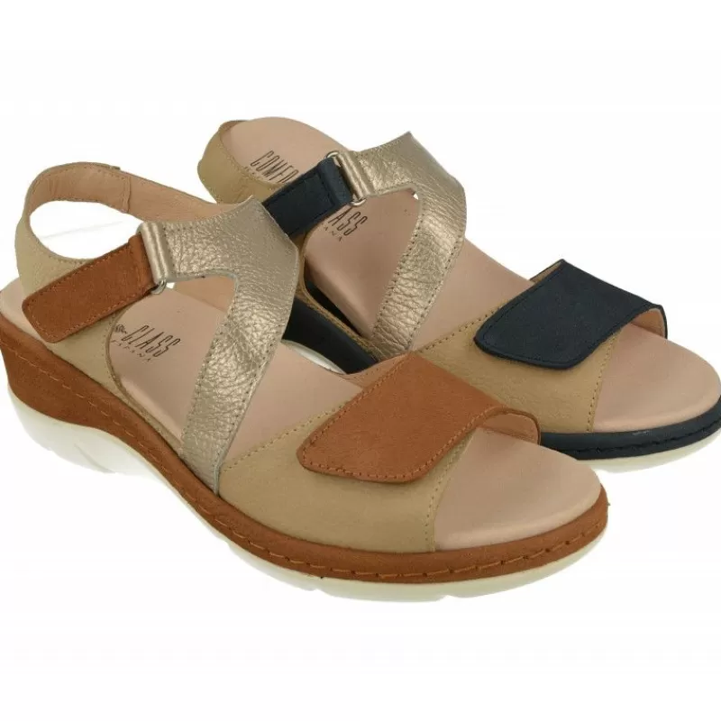 Comfort Class Sandalias-Sandalia De En Piel Combinada Nobuck Con Tiras Cruzadas Con Ajuste Velcro Y Planda Anatomica Extraible