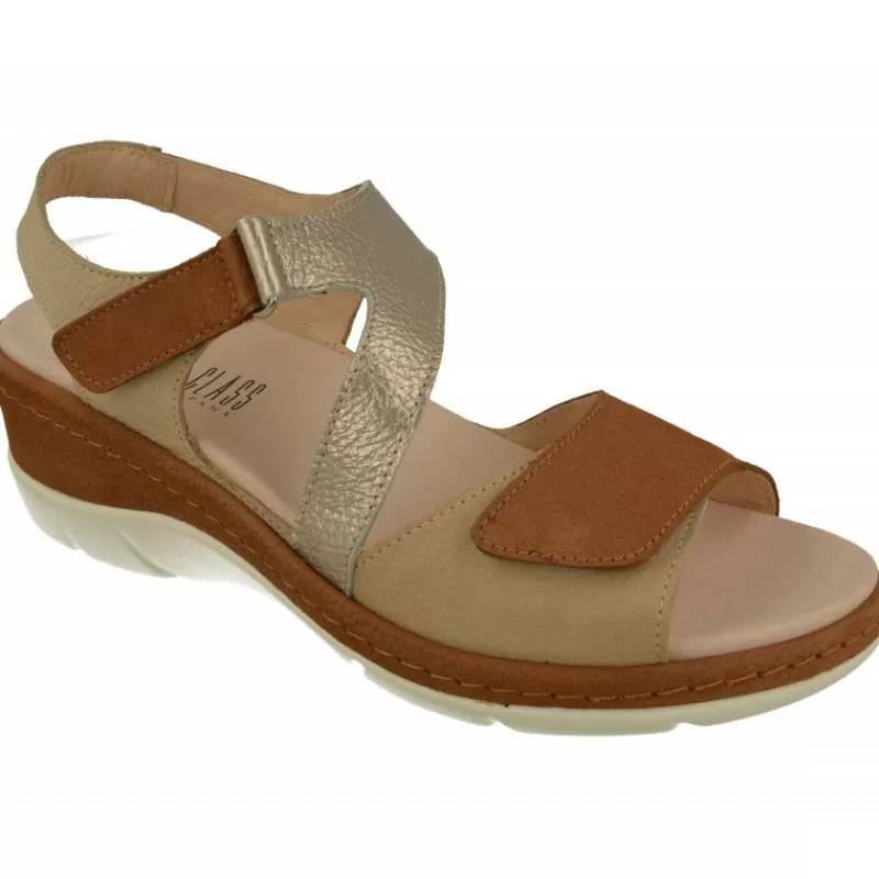 Comfort Class Sandalias-Sandalia De En Piel Combinada Nobuck Con Tiras Cruzadas Con Ajuste Velcro Y Planda Anatomica Extraible