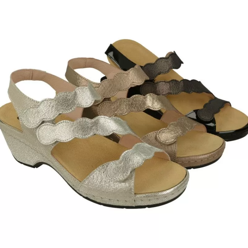 Comfort Class Sandalias-Sandalia De En Piel Grabada Metal Con Ajuste Triple Velcro, Cuna Alta Forrada Y Planta De Descanso Extraible