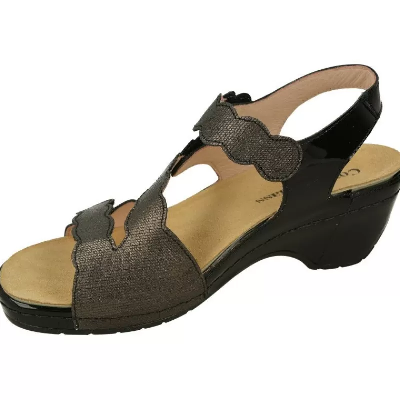 Comfort Class Sandalias-Sandalia De En Piel Grabada Metal Con Ajuste Triple Velcro, Cuna Alta Forrada Y Planta De Descanso Extraible