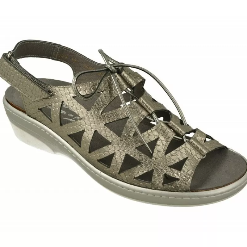 Drucker Calzapedic Sandalias-Sandalia De Drucker Picada En Piel Metalizada Grabada Con Cordonera De Apertura Total Y Planta De Descanso Extraible Platino