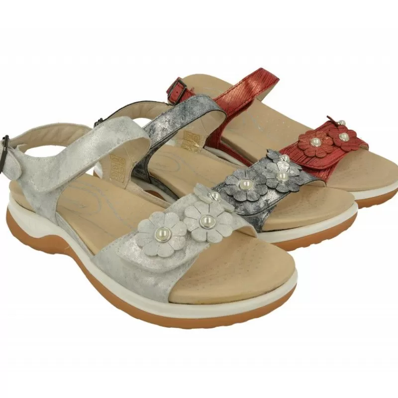 G Comfort Sandalias-Sandalia De De Doble Velcro Con Flor En Pala De Piel Grabada, Planta Anatomica Extraible Y Piso De Caucho