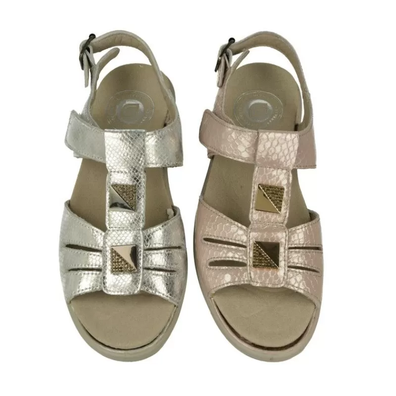 G Comfort Sandalias-Sandalia De En Piel Metalizada Con Tira De Pedreria Y Ajuste Por Velcro Con Piso De Cuna Y Planta Anatomica
