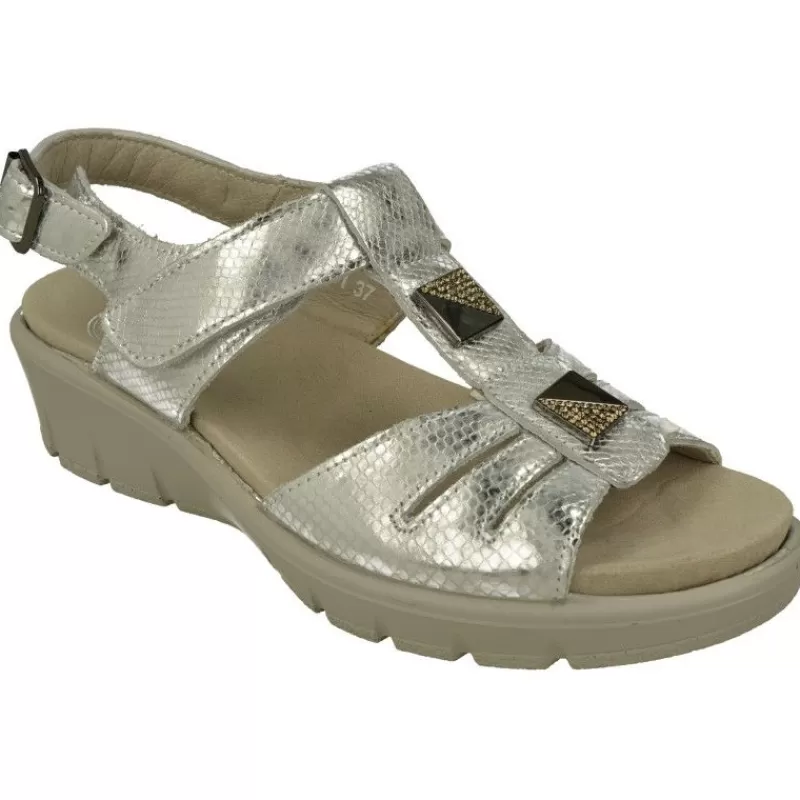 G Comfort Sandalias-Sandalia De En Piel Metalizada Con Tira De Pedreria Y Ajuste Por Velcro Con Piso De Cuna Y Planta Anatomica