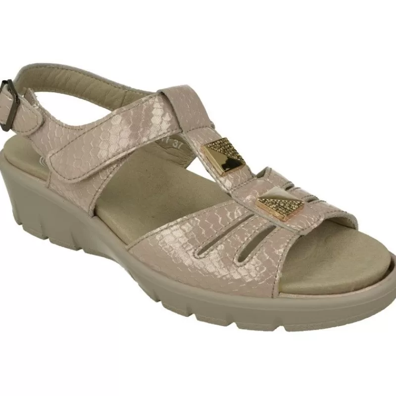 G Comfort Sandalias-Sandalia De En Piel Metalizada Con Tira De Pedreria Y Ajuste Por Velcro Con Piso De Cuna Y Planta Anatomica