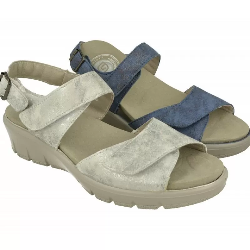 G Comfort Sandalias-Sandalia De En Piel Metalizada, Planta Anatomica Movible Y Doble Ajuste De Tiras De Velcro Con Piso Poliuretano