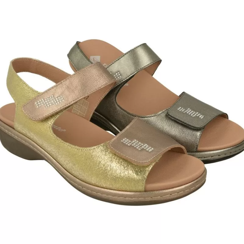 PieSanto Sandalias-Sandalia De Con Doble Tira De Velcro Ajustable En Piel Metalizada, Planta Anatomica Extraible Y Piso De Poliuretano