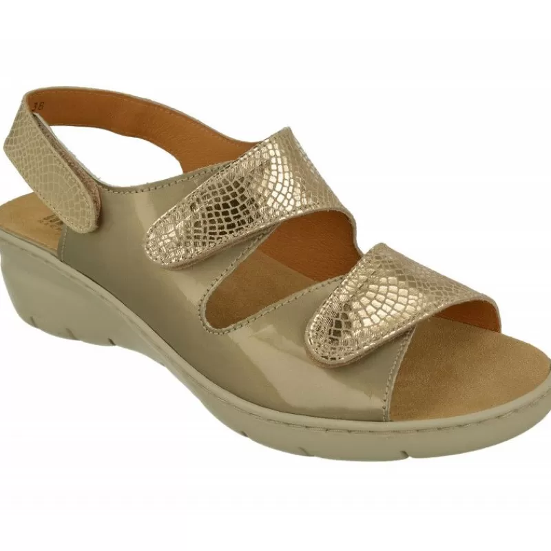 Comfort Class Sandalias-Sandalia De Triple Velcro De Con Piso Aligerado Combinada En Charol Y Grabado Con Planta De Descanso