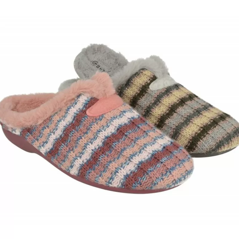 Garzon Chinelas-Zapatilla Chinela De En Punto De Lana Rayas Con Planta Extraible Y Suela De Caucho