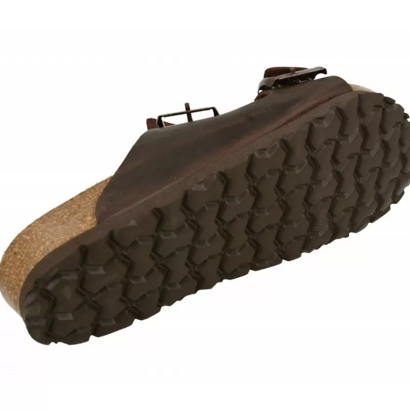 Calzamedi Sandalias-Zueco De De Doble Tira Ajustable En Piel Engrasada Y Planta Anatomica De Descanso Marron