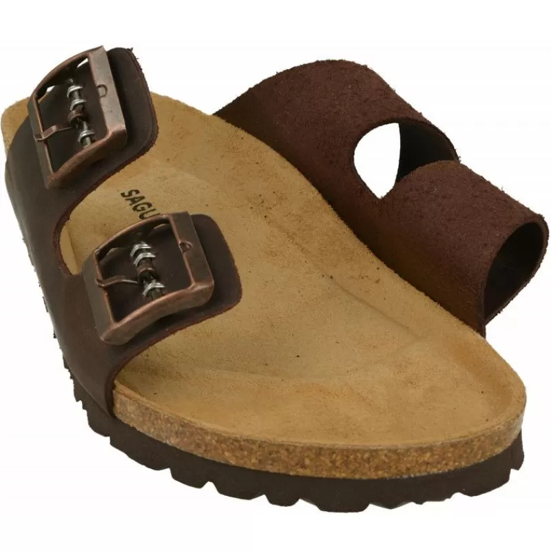 Calzamedi Sandalias-Zueco De De Doble Tira Ajustable En Piel Engrasada Y Planta Anatomica De Descanso Marron
